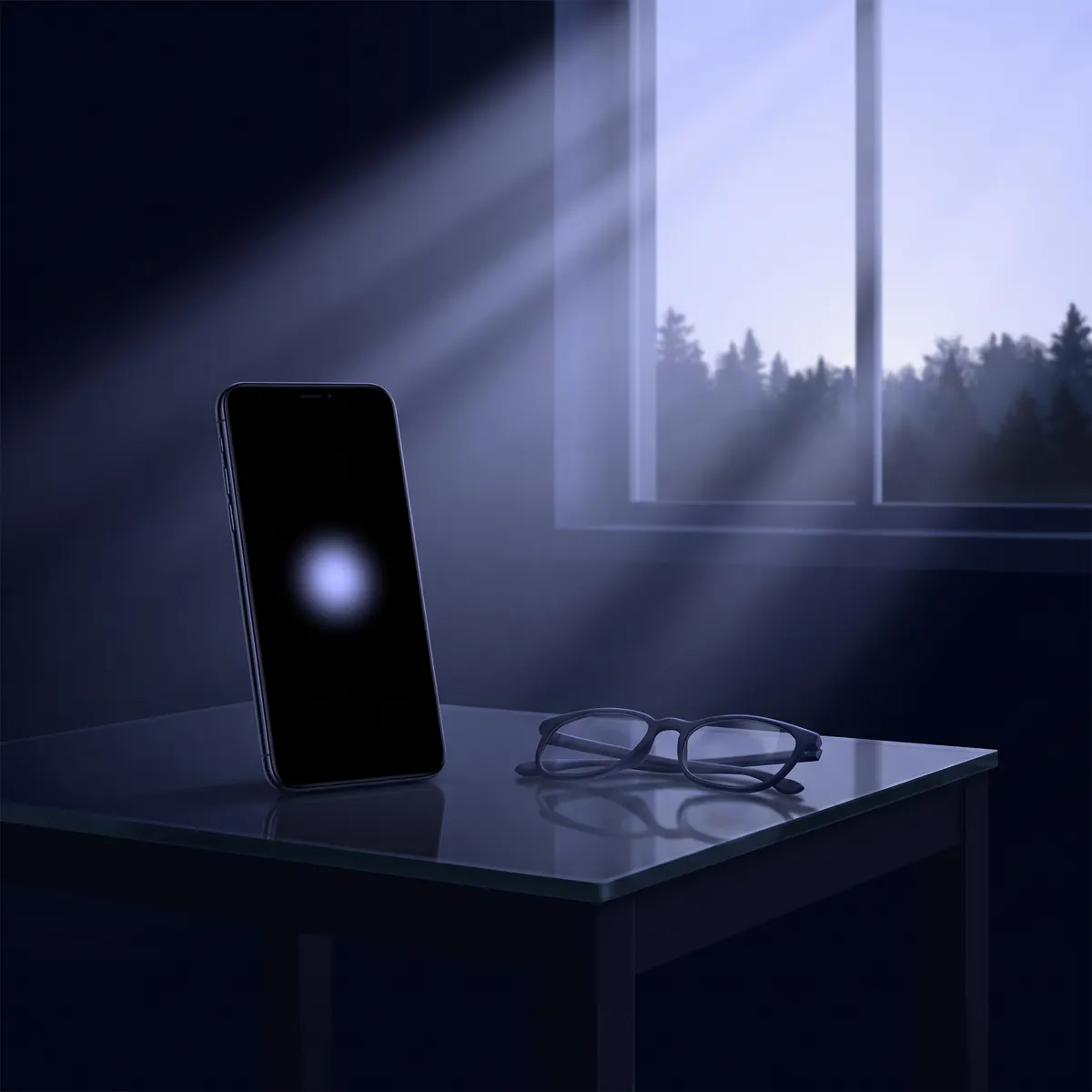Ein Handy im ersten Morgenlicht, daneben eine Brille